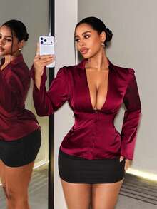BamGleam Women's Backless Lace Trim Deep V-Neck Burgundy Satin Blouse - Burgundy - View 5