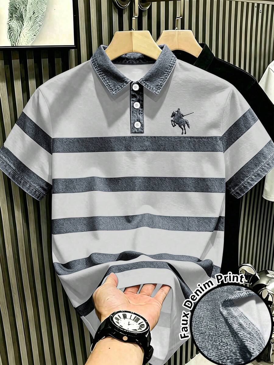 Manfinity Hypemode 復古丹寧風藍白對比條紋 Polo 衫,印有馬標 Logo,藝術感短袖上衣,男女款圖案 T-shirt,夏季休閒日常百搭上衣 - 彩色 - 查看 1