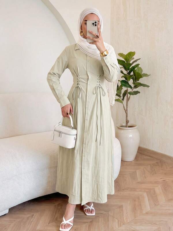 Solavon Women's Versatile Drawstring Tie Single-Breasted Long Sleeve Arabian Dress