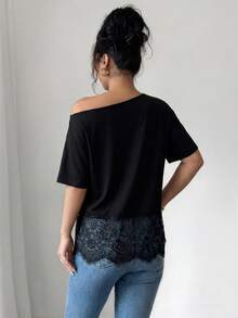 Elenzga Women's Lace Patchwork Asymmetric Shoulder Casual Versatile Daily T-Shirt - Black - View 2