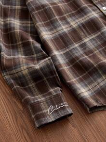 SWAVVY 1pc Ultra Loose Cotton Plaid Print Drop Shoulder Shirt - Khaki - View 5