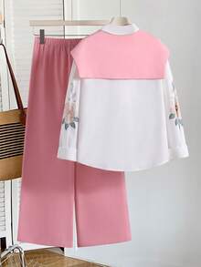 2pcs/Set Girls' Gentle Korean Style Campus Date Outdoor Commute Spring Autumn 3D Floral Butterfly Embroidered Collared Shirt, Knitted Shawl, Drapey Pi - Pink - View 2