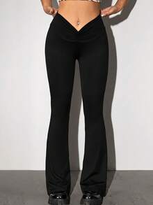 SHEIN ICON Y2k 90s Low Rise Ruched Flare Leg  Black Pants - Black - View 1