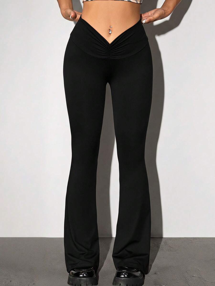 SHEIN ICON Y2k 90s Low Rise Ruched Flare Leg Black Pants - Black - View 1