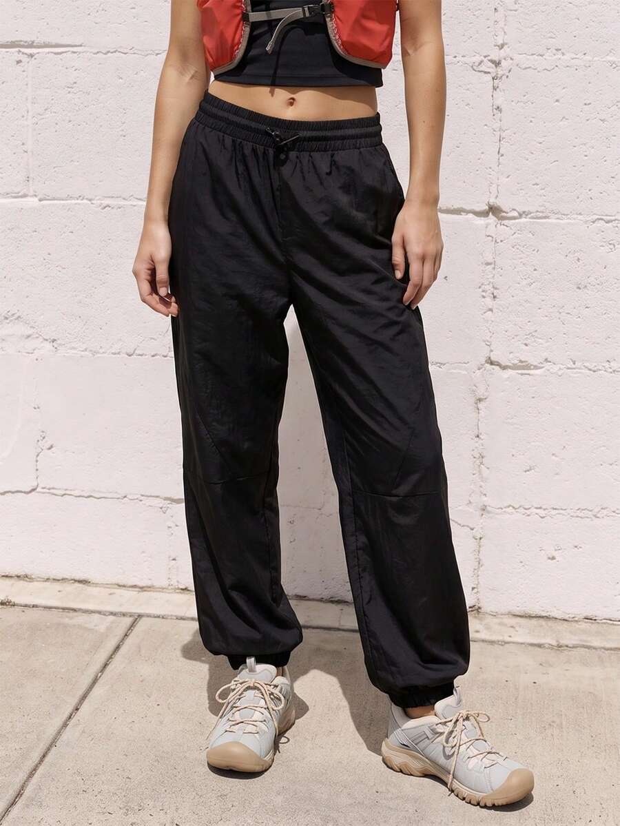 SHEIN Sports 女款純色抽繩腰鬆身戶外長褲 - 黑色 - 查看 1
