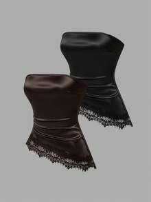 Sweetra Women's Fashion Versatile Lace Patchwork Ruched Waist Tube Top Night Out Club Black Chocolate Brown Summer Sexy - Multicolor - View 7