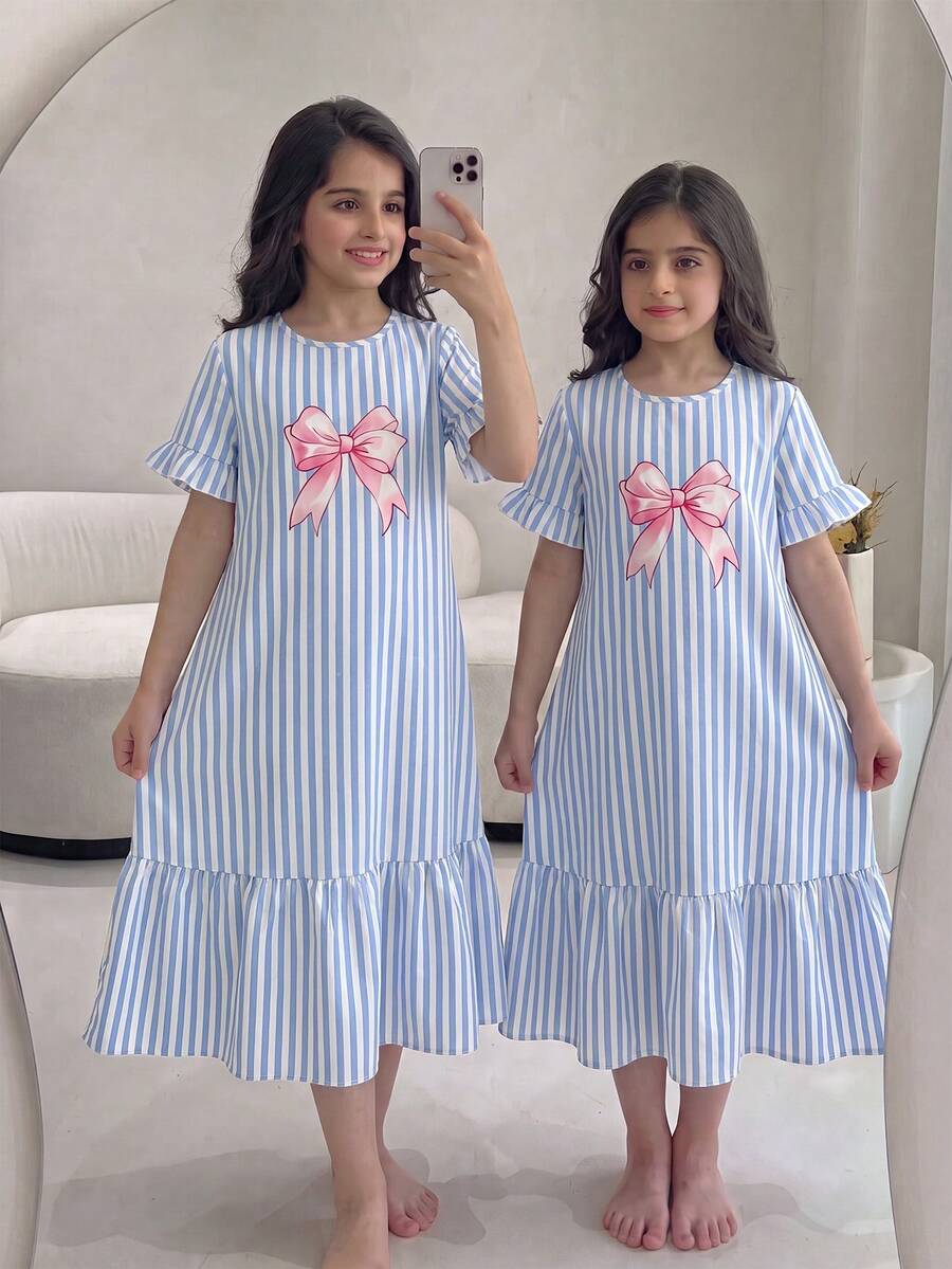SHEIN 青少年女孩休閒日常百搭舒適圓領短袖居家服 - 粉色 - 查看 1