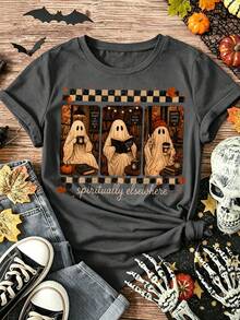 EMERY ROSE Halloween Ghost Print Crew Neck Short Sleeve T-Shirt - Dark Grey - View 3