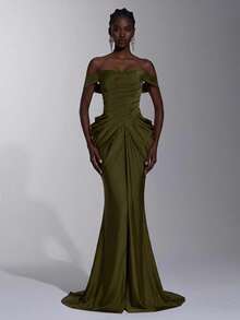 Elitara Robe de soirée élégante et formelle de luxe en tricot élastique, épaules dénudées, plissée à la main, dentelle transparente à la taille, coupe moulante en forme d'éventail, fente, longueur sol, mariage, été - Vert - Voir 2