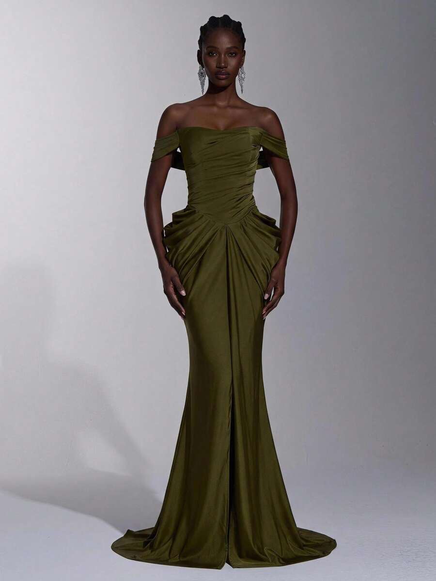 Elitara Robe de soirée élégante et formelle de luxe en tricot élastique, épaules dénudées, plissée à la main, dentelle transparente à la taille, coupe moulante en forme d'éventail, fente, longueur sol, mariage, été