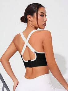 Solea Cove Solea Cove 女款拼色交叉背運動內衣/無縫/鈕扣式/肩帶 - 黑色 - 查看 5