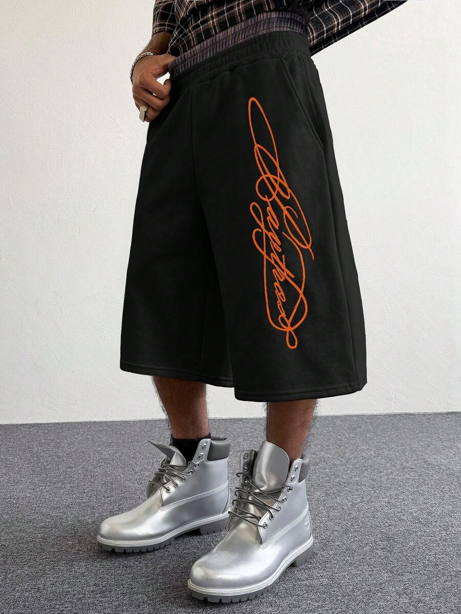 PAVTROS 男士街頭風熱門 2 合 1 抽繩腰英文簽名刺繡運動長褲,適合戶外音樂節、休閒出遊,送給男友/丈夫的禮物,週年紀念,淺灰色運動長褲圖案男士街頭穿搭短褲男士灰色寬腿短褲男士大碼短褲寬腿 - 黑色 - 查看 1