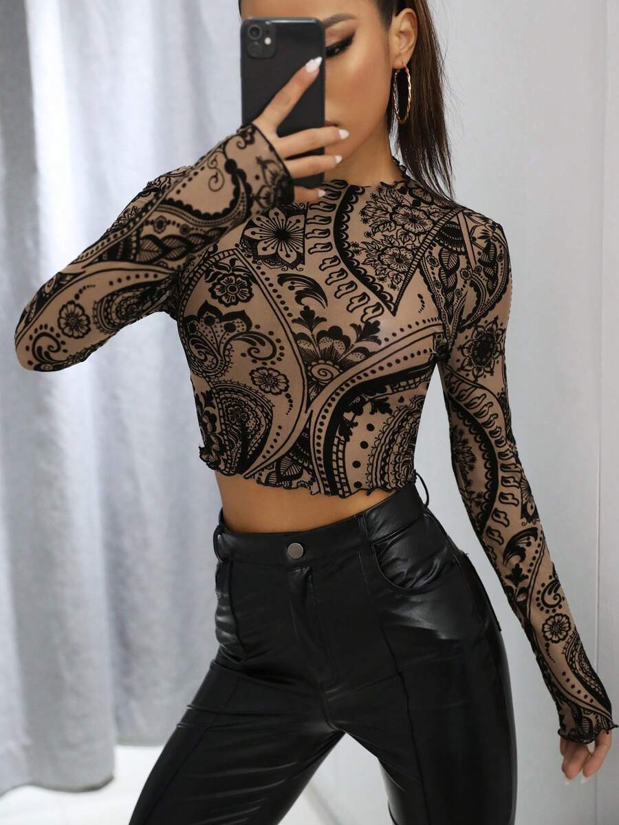 SHEIN ICON 生菜邊植絨網紗短版上衣 - 彩色 - 查看 1