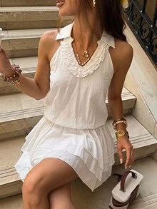 Franclia 法式歐風優雅翻領V領荷葉邊露肩修身多層層次下擺不對稱裙襬簡約百搭無袖洋裝 - 白色 - 查看 3