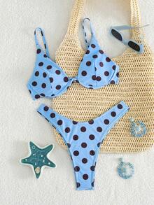 SHEIN Swim 女款夏季海灘波點印花性感時尚比基尼兩件式泳衣套裝 - 藍色 - 查看 1
