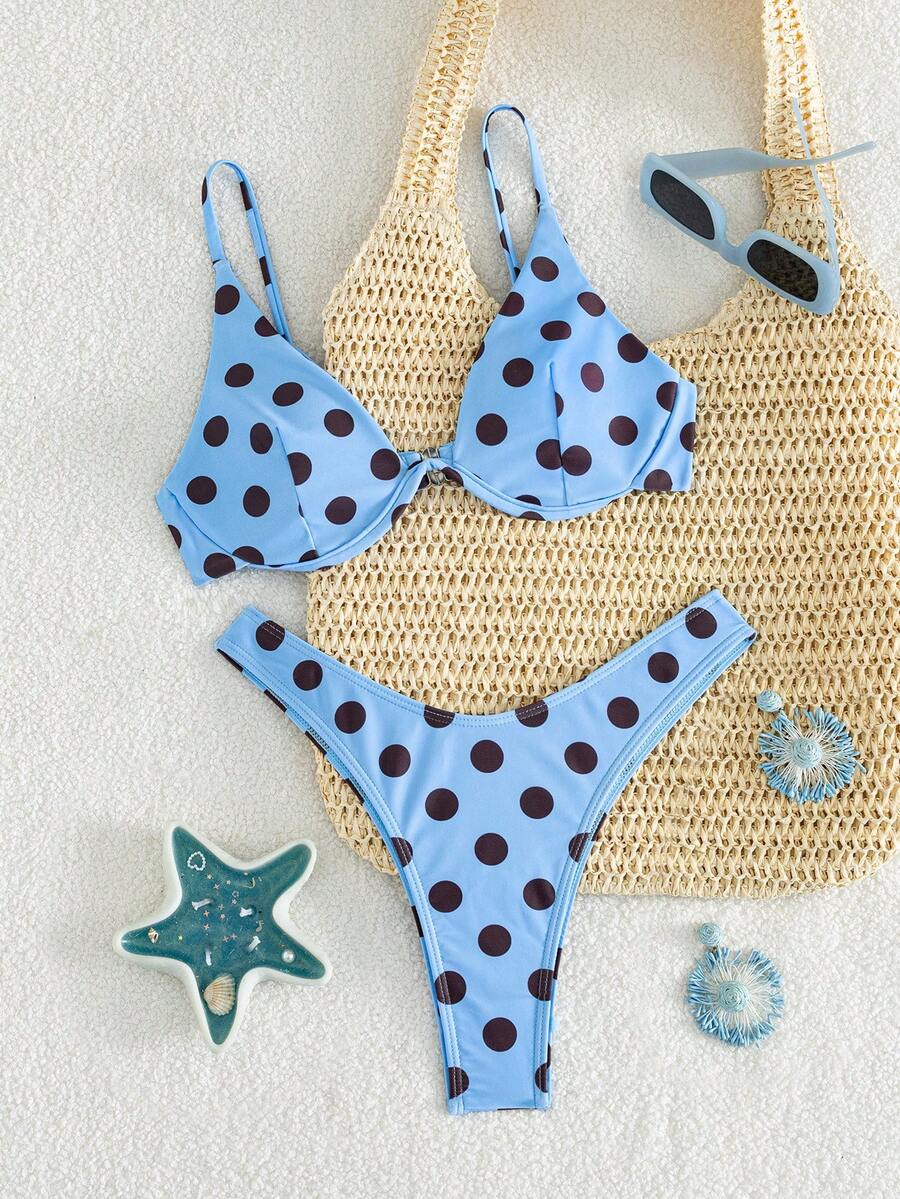 SHEIN Swim 女款夏季海灘波點印花性感時尚比基尼兩件式泳衣套裝 - 藍色 - 查看 1
