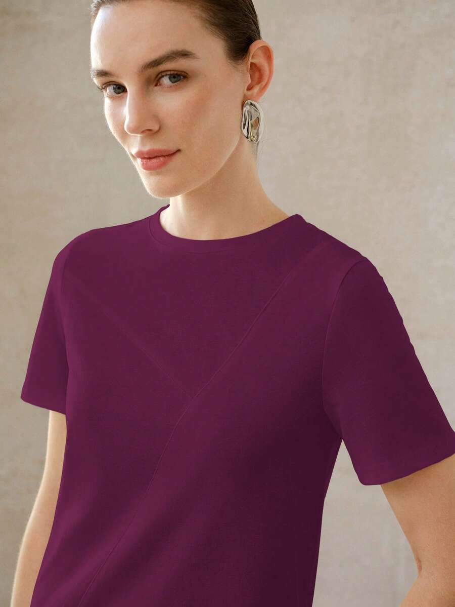 MOTF PREMIUM WOMEN'S SUMMER SOLID COLOR ASYMMETRIC SPLIT DESIGN ALL-MATCH VERSATILE ROUND NECK SHORT SLEEVE T-SHIRT TOP - Red Violet - View 2