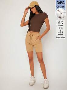 SHEIN BASICS 女款純色休閒圓領短袖短版T恤上衣 白色上衣 - 咖啡棕 - 查看 12