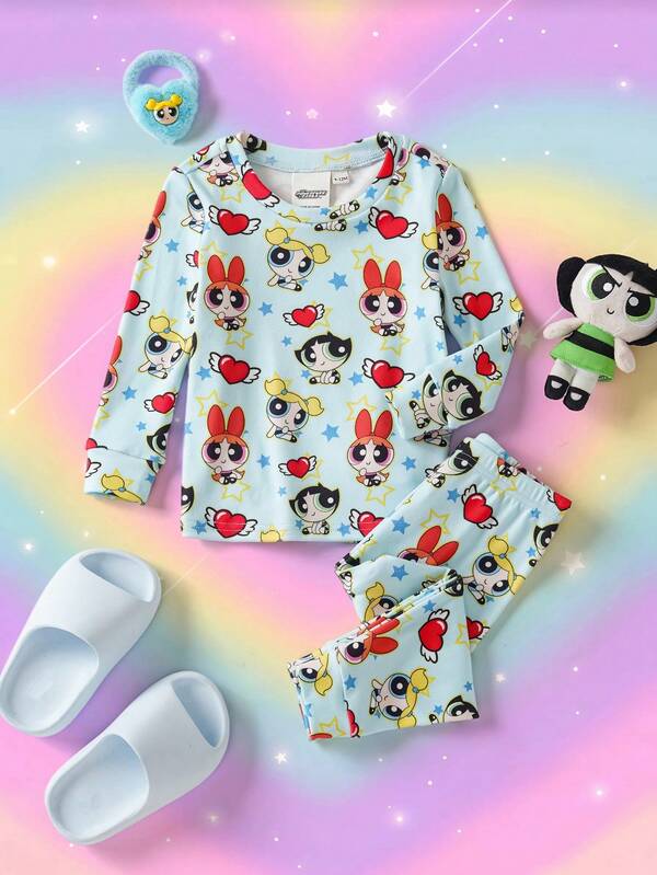 THE POWERPUFF GIRLS X SHEIN Conjunto de ropa de estar en casa para bebé niña con top de manga larga y leggings con estampado de dibujos animados lindos