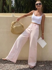 Livesso Petite 女款時尚百搭口袋鈕扣牛仔褲 秋季 - 粉色 - 查看 2
