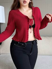 Dazy Plus V-Neck Tie-Front Fitted Sexy Red New Year Christmas Long Sleeve Cardigan Sweater, Spring/Autumn - Red - View 1