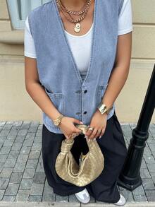 Dazy Plus Light-Wash Blue Two-Tone Loose Fit Sleeveless Denim Vest With Large Pockets And Button Front - Light Wash - View 6