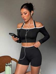 Glamine Charm Women's Off-Shoulder Halter Neck Cropped Top And Shorts Sports Set - Black - View 7