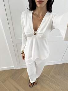 Aloruh Women's White Linen Metal Decor Cinched Waist A-Line Long Sleeve Blouse, Autumn/Winter Teachers' Day Brunch Party French Elegant - White - View 4