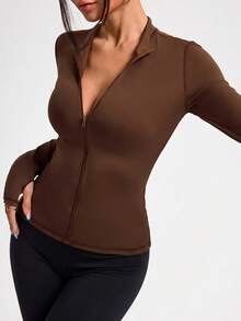 Activina Women's Solid Color Zipper Front Slim Fit Casual Sports Jacket - Brown - View 7