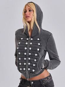 秋冬 Y2K 英倫街頭風辣妹拿破崙鈕扣設計復古做舊水洗連帽衛衣 - 黑色 - 查看 7