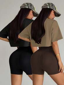 Velisys Velisys Black Short Sleeve Jacket With Seams, Seamless Black Bra And Shorts - Multicolor - View 2