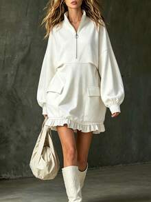 LUMIGAL Loose Fit Cream White Half Zip Sweatshirt - Ruffle Hem Pockets Long Sleeve Tunic Everyday Autumn Cute Casual - White - View 8