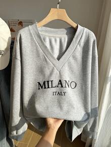 Comfortcana Casual Soft Form Traditional Minimalist Plus Size V-Neck Loose Sweatshirt Suitable For Autumn/Winter Back-To-School Vacation Date Dates Night Black - Grey - View 4