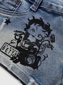 Betty Boop | ROMWE 春夏 Y2K 可愛復古機車印花超低腰迷你牛仔短褲 藍色 夜店風 - 淺藍色 - 查看 3