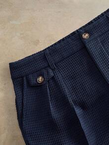 HIMLAND Men's Woven Solid Color Short Mid-Waist Slim Straight Shorts, Bermuda Inseam, Suitable For Daily Wear, Spring And Summer - Navy Blue - View 4
