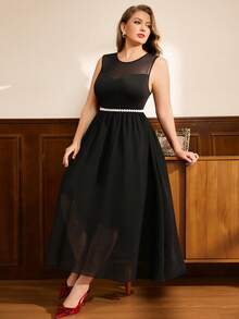 SHEIN Clasi Plus Size Elegant Round Neck Sleeveless A-Line Waist Dress For Women - Black - View 3