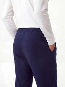 TekDrob Straight SweatPants With Drawstring Waistband And Slant Pockets - Navy Blue - View 4