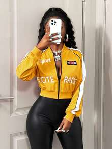 BamGleam Women's Letter Pattern Long Sleeve Zip-Up Baseball Jacket - Yellow - View 5