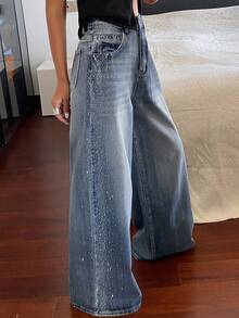 Livesso Tall Celana Jeans Denim Wanita Model Lurus Longgar dengan Hiasan Berlian Imitasi untuk Pemakaian Sehari-hari Kasual di Musim Gugur - Light Wash - View 3