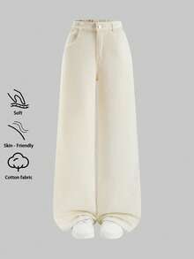 Teen Girls Daily Casual Apricot Cotton Denim Pants, High Waist Loose Wide‑Leg Long Jeans For Street Going‑Out - Apricot - View 1