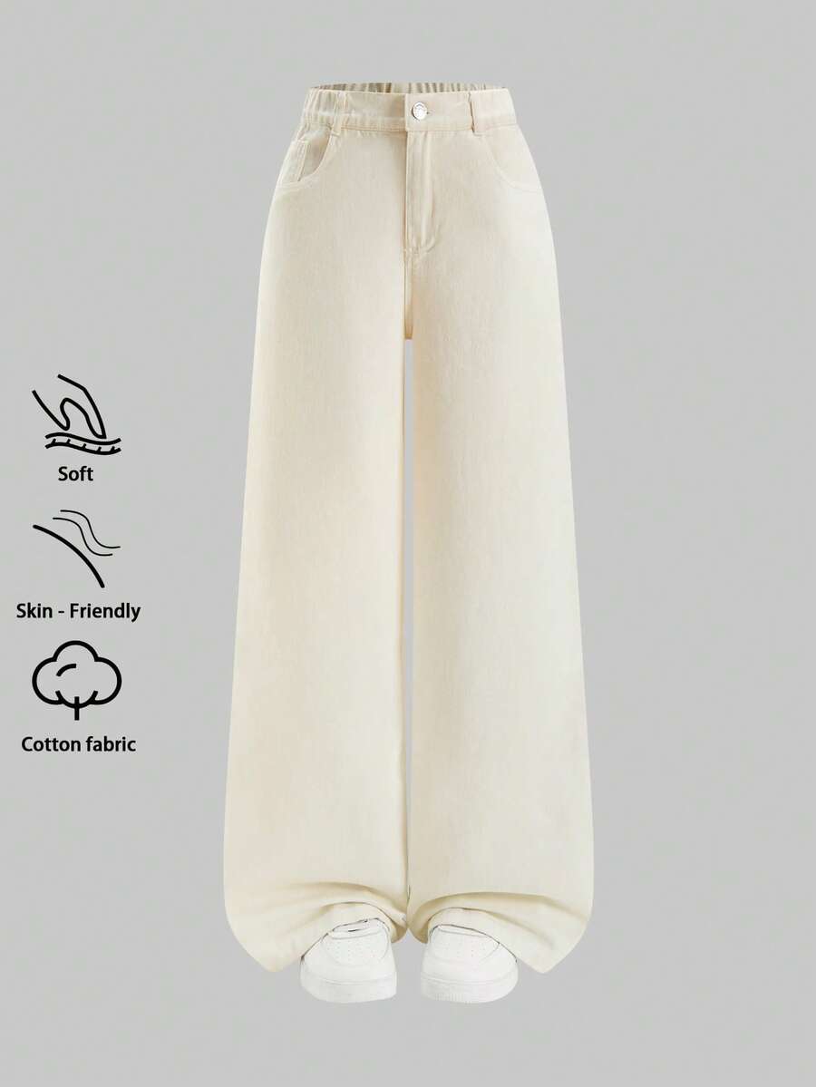 Teen Girls Daily Casual Apricot Cotton Denim Pants, High Waist Loose Wide‑Leg Long Jeans For Street Going‑Out - Apricot - View 1