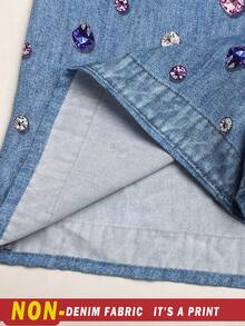 SHEIN 兒童青少年女孩休閒配色 Polo 領修身寬鬆半 A 字洋裝，荷葉邊飾邊牛仔風印花藍色返校季穿搭洋裝 - 藍色 - 查看 7