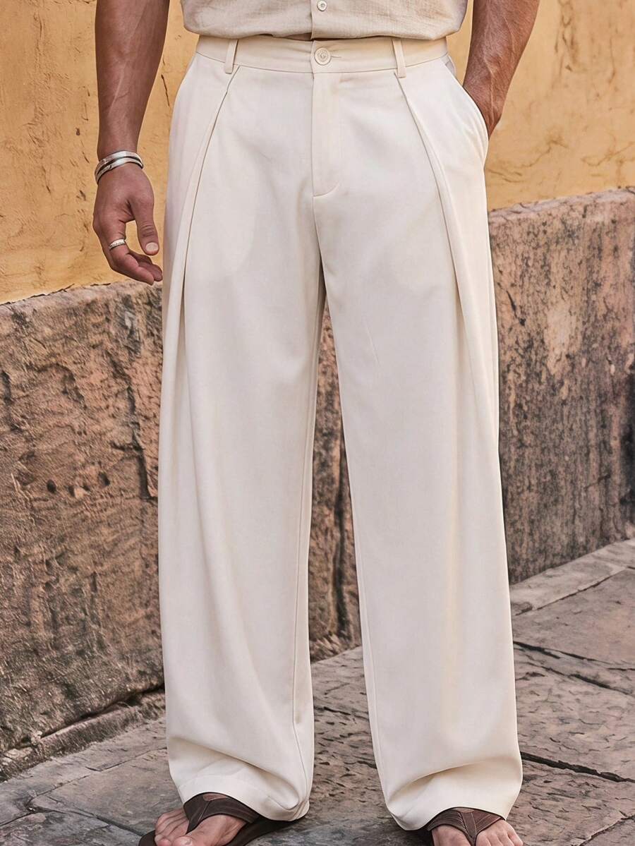 HIMLAND Pantalones rectos de color liso versátiles y casuales para hombres para ir al trabajo - Beis - Ver 1