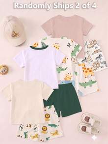 2 conjuntos aleatorios de 4 conjuntos de camiseta y pantalones cortos. Camiseta de cuello redondo con estampado de animales lindos, estampado de rayas, estampado de números, combinada con pantalones cortos con el mismo estampado - Multicolor - Ver 2
