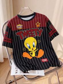 LOONEY TUNES X SHEIN 女款夏季休閒拼色條紋卡通印花T恤 - 白色 - 查看 1