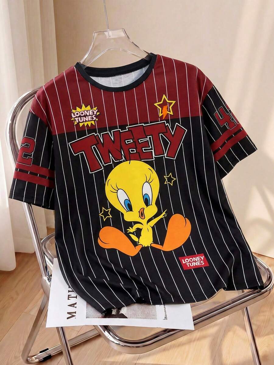 LOONEY TUNES X SHEIN 女款夏季休閒拼色條紋卡通印花T恤 - 白色 - 查看 1
