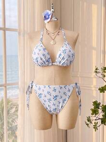 Swim Mod Plus Size Women's Summer Beach Vacation Floral Halter Bikini Set With Cover-Up And Shorts - Multicolor - View 5
