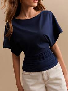Willow Rêve Women's Short-Sleeve Gathered T-Shirt, Minimalist Top - Blue - View 5