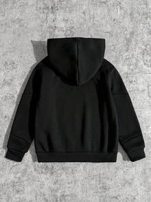 SHEIN 青少年男孩黑色秋季街頭風衛衣，3D十字刺繡拼接設計，柔軟舒適面料，百搭版型，適合街頭出遊、休閒日常穿著及春秋日常 - 黑色 - 查看 2