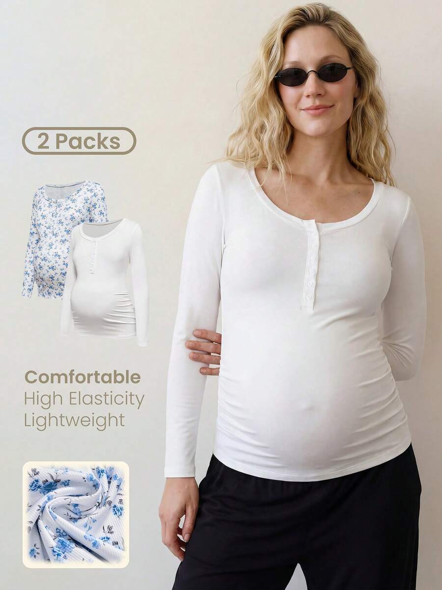 Modmama 休闲纽扣长袖哺乳上衣 - 藍白色 - 查看 1
